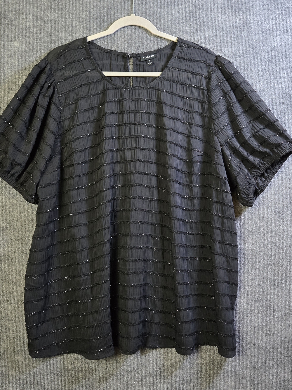 Torrid Top Womens 3X Black Textured Gauze Shimmer Stripe Puff Sleeve Whimsigoth